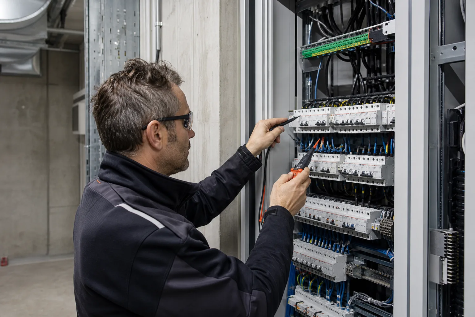 Werkpunkt-Elektriker bei der Inbetriebnahme einer Verteilung